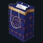 First Candle of Hanukkah Festival of Lights Party Medium Gift Bag<br><div class="desc">First Candle of Hanukkah. Happy Hanukkah Festival of lights party Gift Bag beauty Jewish holiday card. Beautiful Jewish Holiday Chanukah background with traditional Chanukah decorative symbols - wooden dreidels (spinning top), doughnuts, hanukkiah menorah, candles, star of David and glowing lights wallpaper gold hanukkiah navy blue pattern pattern. Hanukkah festival of...</div>