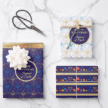 First Candle of Hanukkah Festival of Lights Party  Wrapping Paper Sheet<br><div class="desc">First Candle of Hanukkah. Happy Hanukkah Festival of lights party Wrapping Paper beauty Jewish holiday card. Beautiful Jewish Holiday Chanukah background with traditional Chanukah decorative symbols - wooden dreidels (spinning top), doughnuts, hanukkiah menorah, candles, star of David and glowing lights wallpaper gold hanukkiah navy blue pattern pattern. Hanukkah festival of...</div>
