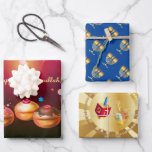 First Candle of Hanukkah Festival of Lights Party Wrapping Paper Sheet<br><div class="desc">First Candle of Hanukkah. Happy Hanukkah Festival of lights party Wrapping Paper set celebrate Jewish Holiday. Beautiful Jewish Holiday Chanukah background with traditional Chanuka decorative symbols - wooden dreidels (spinning top), doughnuts, hanukkiah menorah, candles, star of David and glowing lights wallpaper gold pattern. Hanukkah festival of lights event decoration. Jerusalem,...</div>