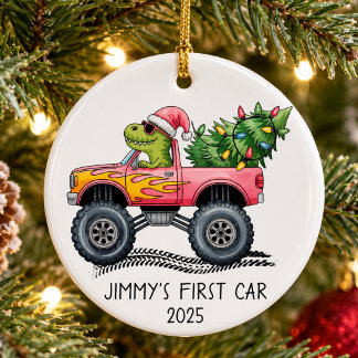 First Car Personalised Dinosaur Monster Truck Ceramic Ornament