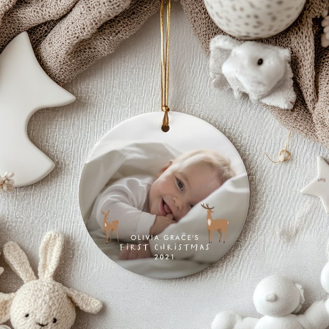 First Christmas 1 photo baby details deer Ceramic  Ceramic Ornament (Creator Uploaded)