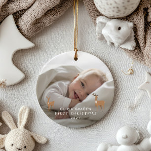 First Christmas 1 photo baby details deer Ceramic  Ornament