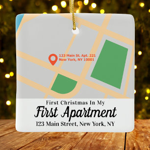 First Christmas 1st Apartment Address Custom Map C Ceramic Ornament