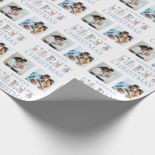 First Christmas 2 Photo Cute Animal Typography Wrapping Paper (Corner)