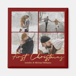 first christmas, 4 photos collage gold red wedding magnet