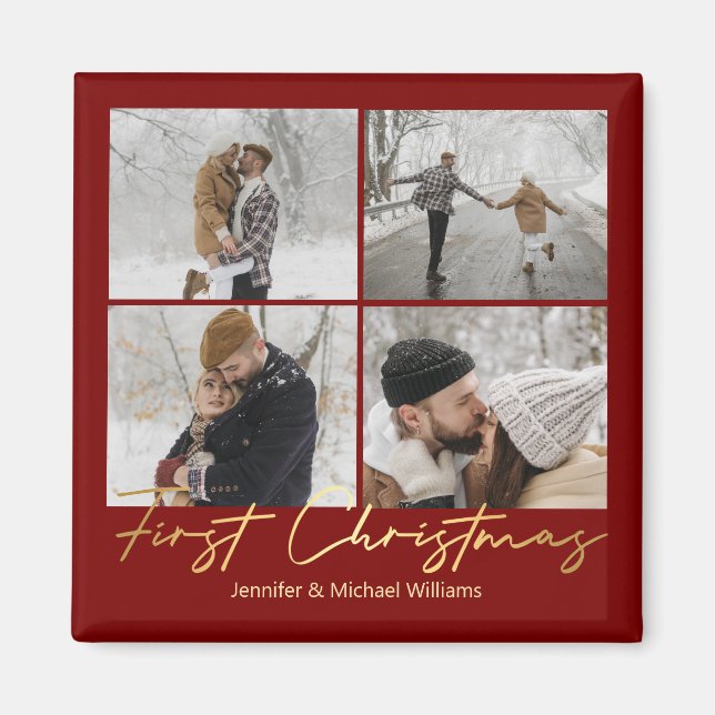 first christmas, 4 photos collage gold red wedding magnet (Front)