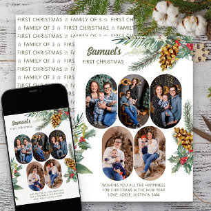 First Christmas 5 Photo Holly and Pine New Baby Holiday Card