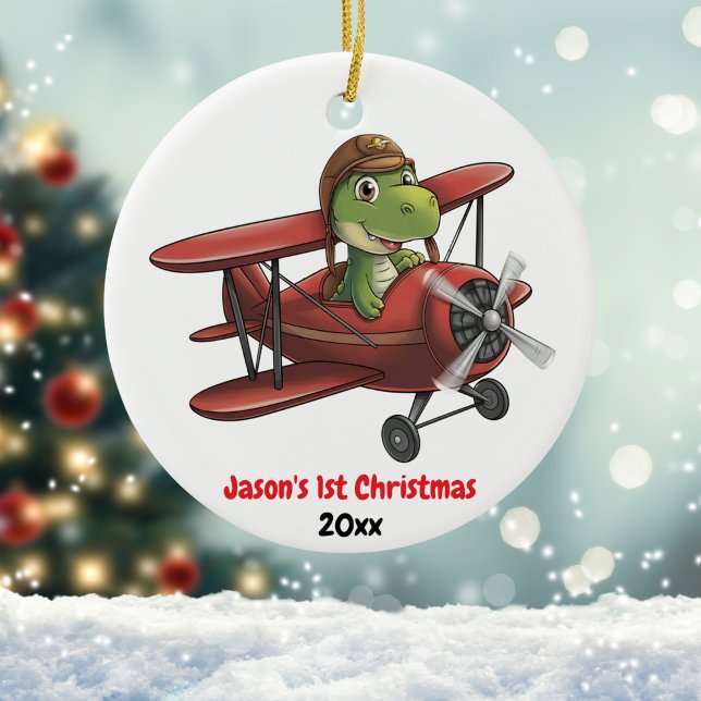First Christmas Aeroplane and Dinosaur Pilot Custo Ceramic Ornament (Creator Uploaded)