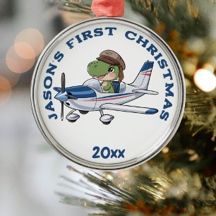First Christmas Aeroplane and Dinosaur Pilot Custo Metal Ornament