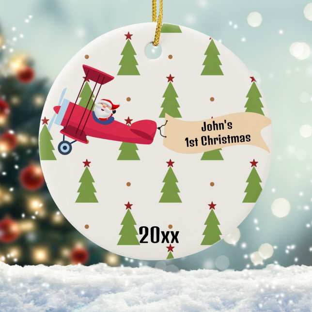 First Christmas Aeroplane & Santa Trees Boy Custom Ceramic Ornament (Creator Uploaded)