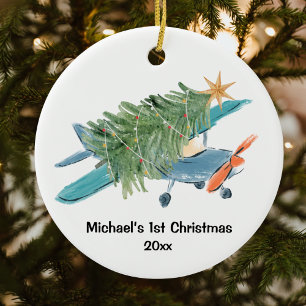 First Christmas Aeroplane Tree Travel Personalised Ceramic Ornament