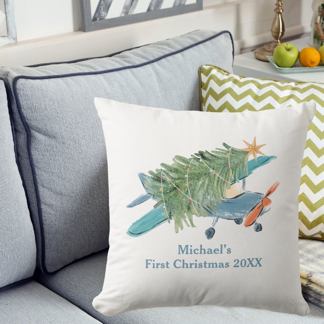 First Christmas Aeroplane Tree Travel Personalised Cushion (Creator Uploaded)