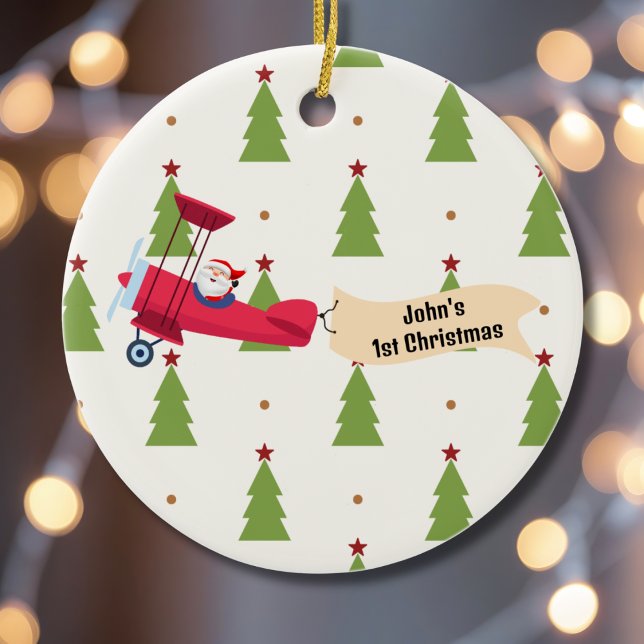 First Christmas Airplane & Santa Trees Boy Custom Ceramic Ornament (Creator Uploaded)