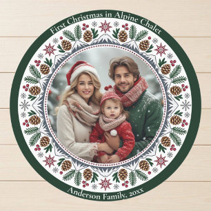 First Christmas Alpine Chalet Family Photo Nordic Classic Round Sticker