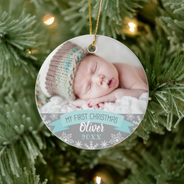 First Christmas Aqua Blue Baby Boy Photo Ceramic Ornament (Tree)