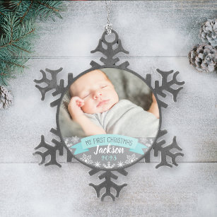 First Christmas Aqua Blue Baby Boy Photo Snowflake Pewter Christmas Ornament