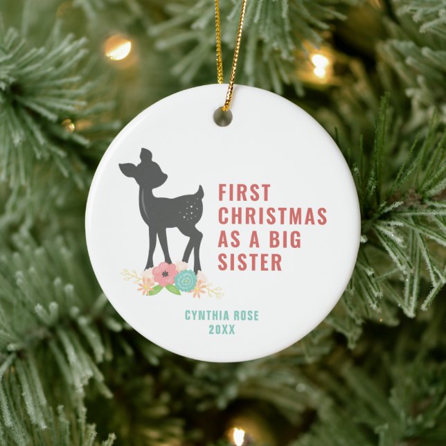 First Christmas As A Big Sister Personalised Fawn Ceramic Ornament (Tree)