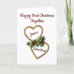 First Christmas as a Couple, Evergreens Hearts Holiday Card<br><div class="desc">This Christmas card is to wish a new to Happy Christmas. It is suitable for any match that is celebrating Christmas together for the first time. You can change the text to any you want, including the names in the hearts. The design on the front has two entwined gold hearts...</div>