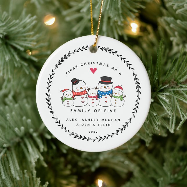 First Christmas As A Family Of Five Snowmen Cerami Ceramic Ornament (Tree)