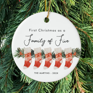 First Christmas as a Family of Five Stockings Ceramic Ornament