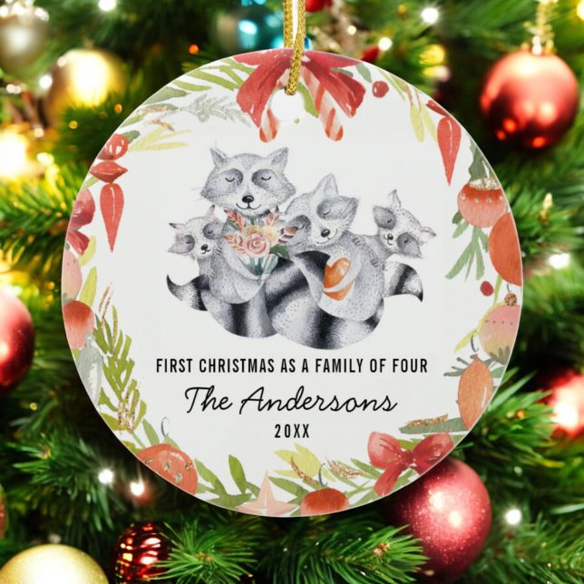 First Christmas As A Family of Four 4 Racoon Ceramic Ornament (Creator Uploaded)