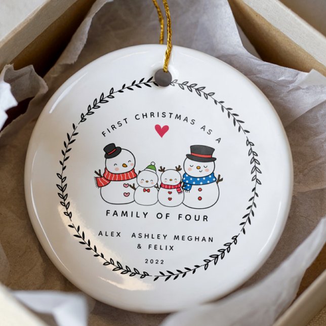 First Christmas As A Family Of  Four Snowmen  Ceramic Ornament (Creator Uploaded)