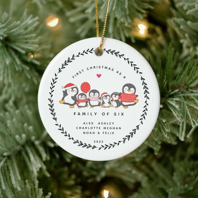 First Christmas As A Family Of Six Penguins Ceramic Ornament (Tree)