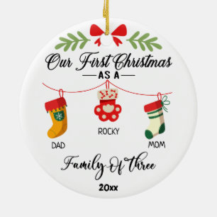 First Christmas as a Family Of Three & Cat or Dog Ceramic Ornament