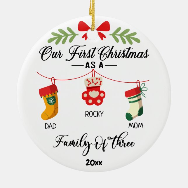 First Christmas as a Family Of Three & Cat or Dog Ceramic Ornament (Back)