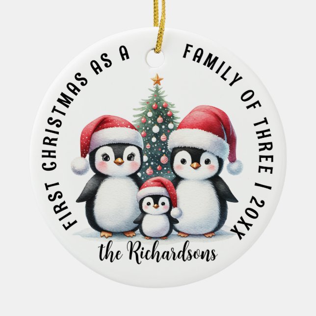 First Christmas as a Family of Three Cute Penguins Ceramic Ornament (Front)