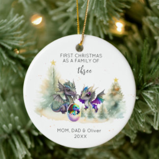 First Christmas as a Family of Three Neon Dragon Ceramic Ornament