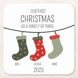 First Christmas as a family of three Square Paper Coaster