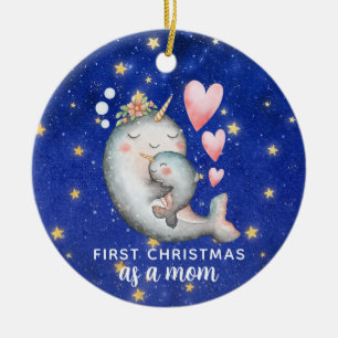 First Christmas As A Mum Narwhal Whale Custom Ceramic Ornament