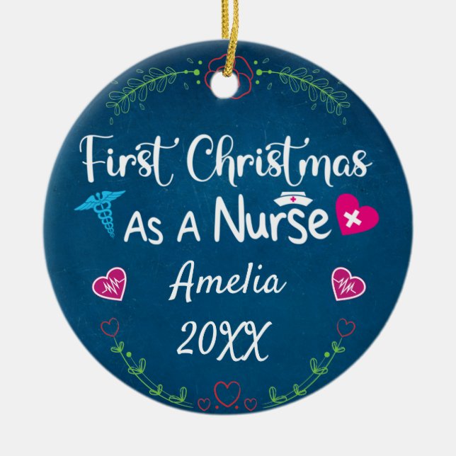 First Christmas as a Nurse 2023, Personalised name Ceramic Ornament (Front)
