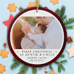 First Christmas as Auntie & Uncle Photo Plaid Ceramic Ornament<br><div class="desc">Personalise this ornament with a photo of your baby and the year to make a beautiful keepsake gift for the new auntie and uncle.</div>