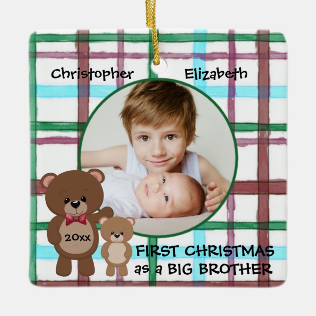 First Christmas as Big Brother Personalised Photo Ceramic Ornament (Front)