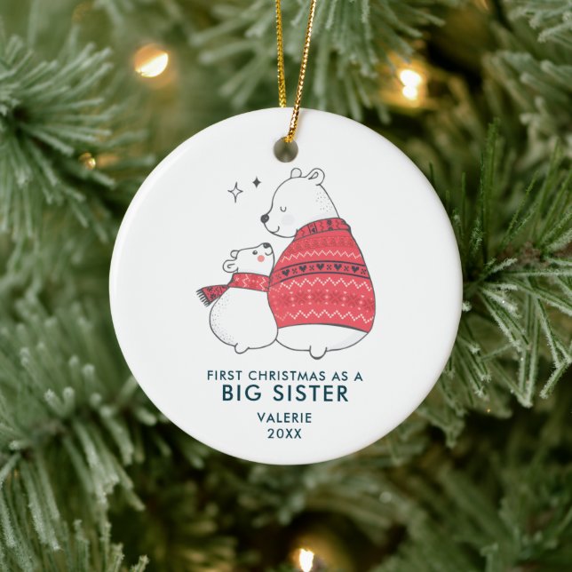 First Christmas As Big Sister Personalised Bears Ceramic Ornament (Tree)