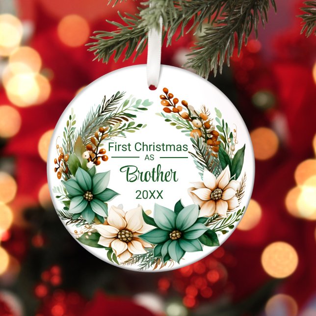 First Christmas as Brother White Green Poinsettias Ceramic Ornament (Creator Uploaded)