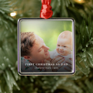 First Christmas As Dad Elegant Photo Holiday Metal Ornament