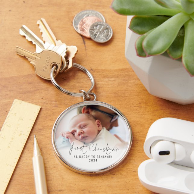  First Christmas As Daddy Name Photo Overlay Key Ring (Desk)