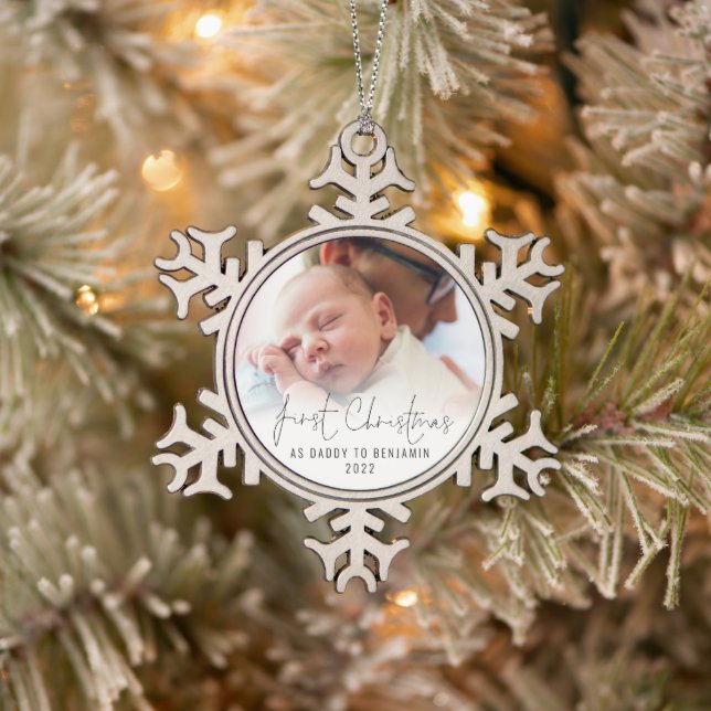  First Christmas As Daddy Name Photo Overlay Snowflake Pewter Christmas Ornament (Tree)