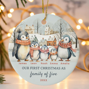 First Christmas as Family of Five penguins Custom Ceramic Ornament