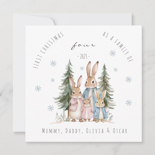 First Christmas As Family of Four Rabbit Holiday Card (Front)