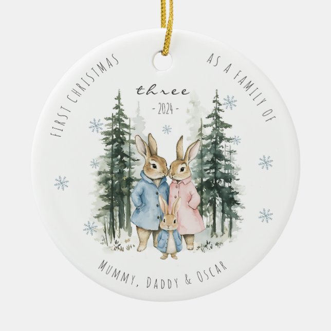 First Christmas As Family of Three Baby Boy Ceramic Ornament (Front)