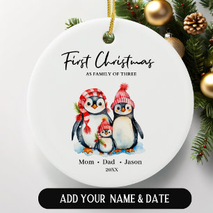 First Christmas as Family Of Three Penguins Ceramic Ornament