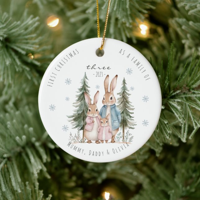 First Christmas As Family of Three Rabbit Ceramic Ornament (Tree)