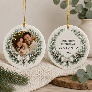 First Christmas as Family Wreath Photo Bow Ceramic Ornament
