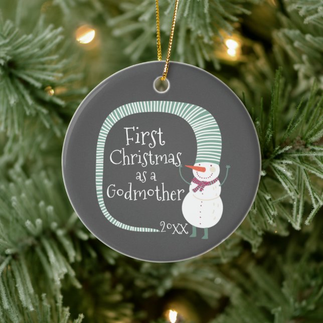 First Christmas As Godmother Personalised Snowman Ceramic Ornament (Tree)