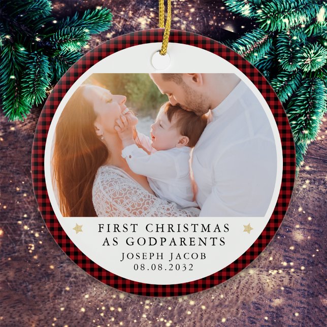 First Christmas as Godparents Plaid Photo Ceramic Ornament (Creator Uploaded)
