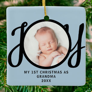 First Christmas As Grandma Photo Joy Blue Black Ceramic Ornament